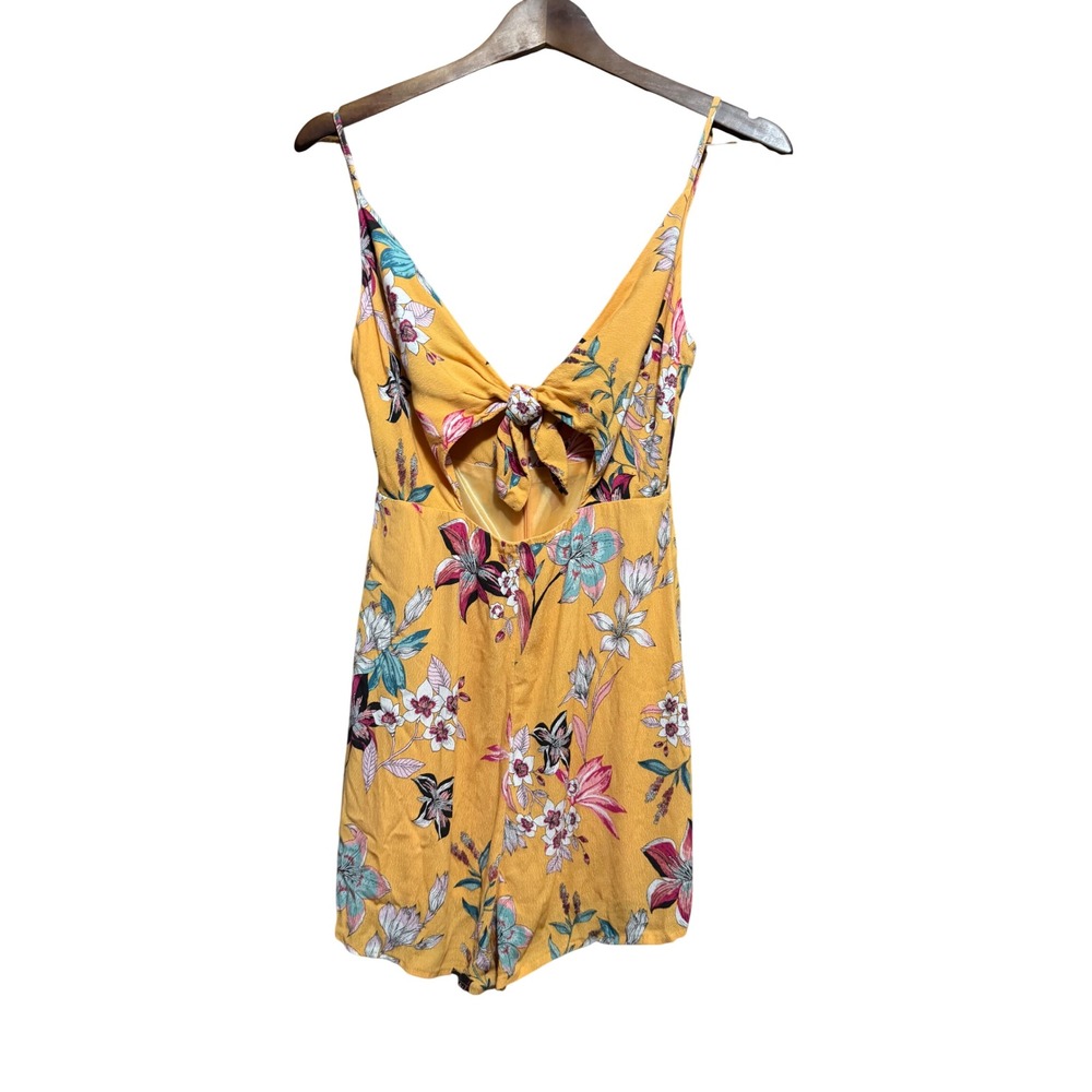 Bershka Floral Romper Womens Small Yellow Tropical Tie Front Cutout Excellent
